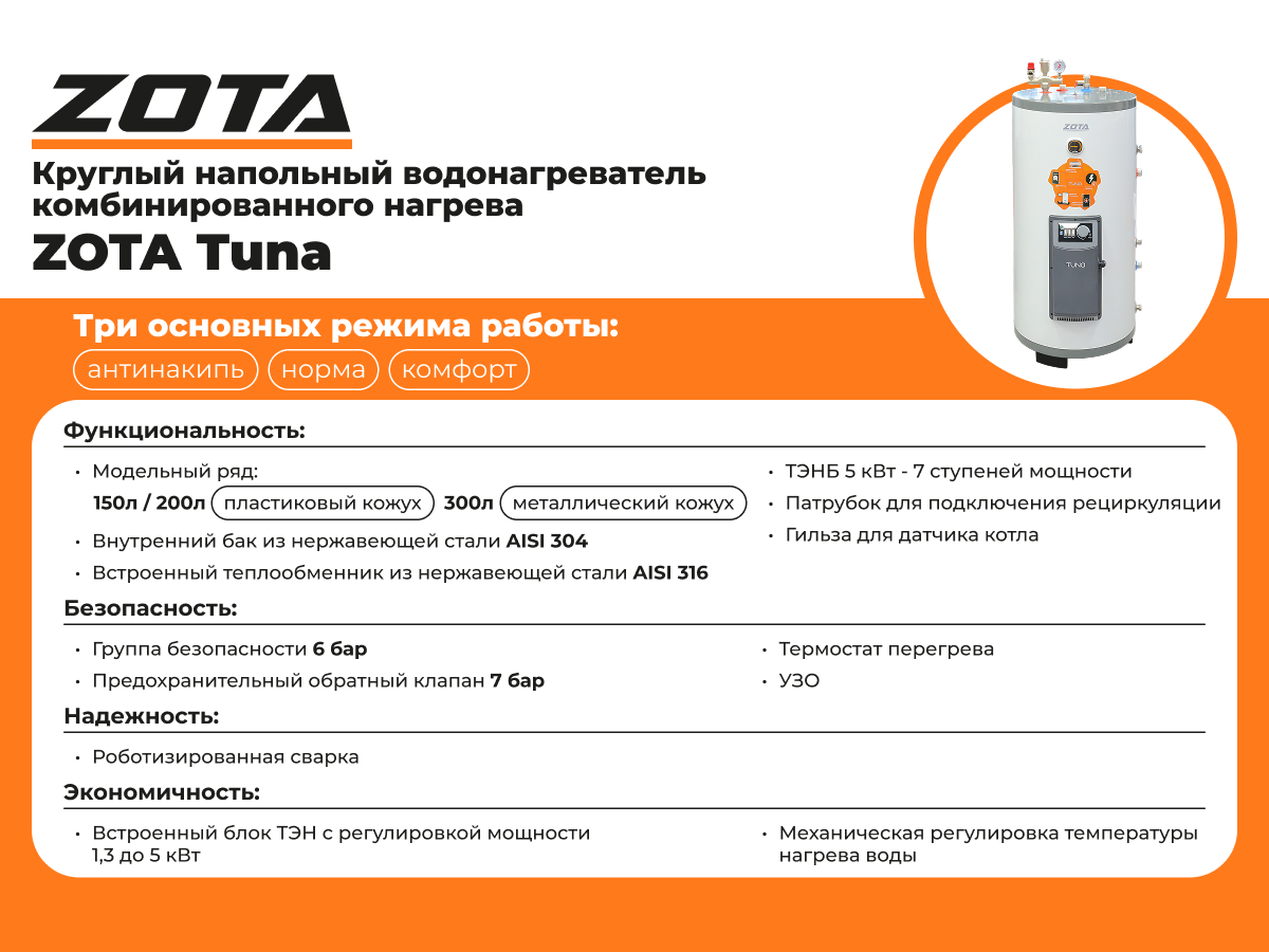 Водонагреватель с теплообменником и ТЭНом ZOTA TUNA 150